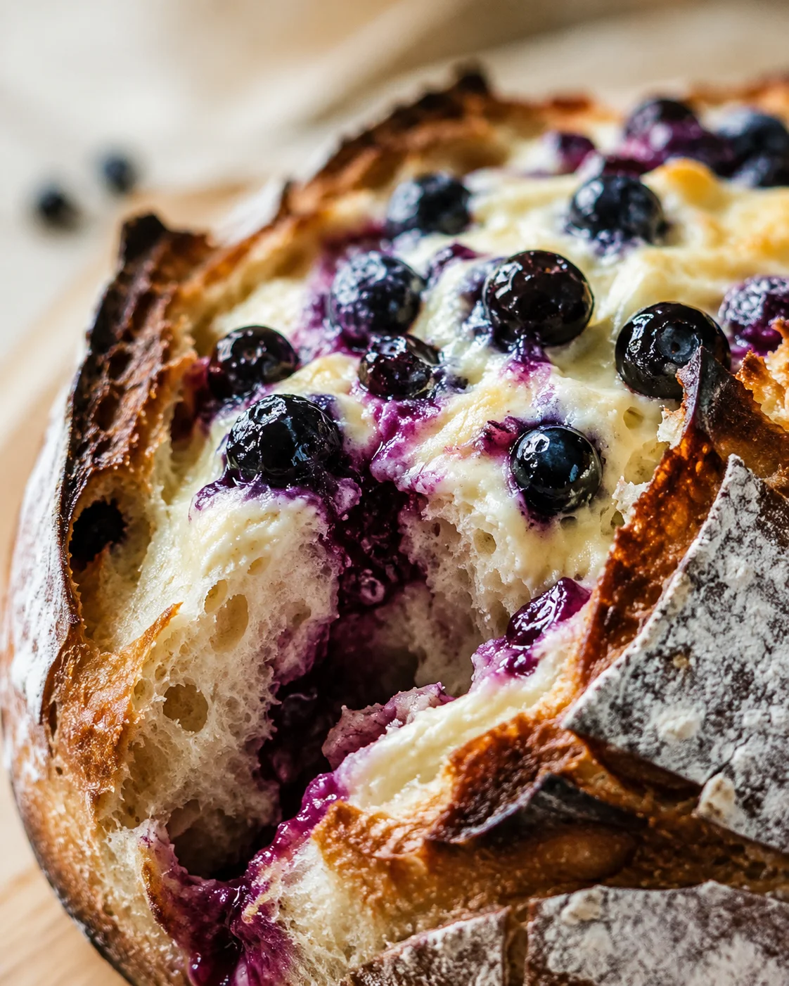 Crusty round loaf cut open to reveal blueberry-cream-cheese filling and purple juices.