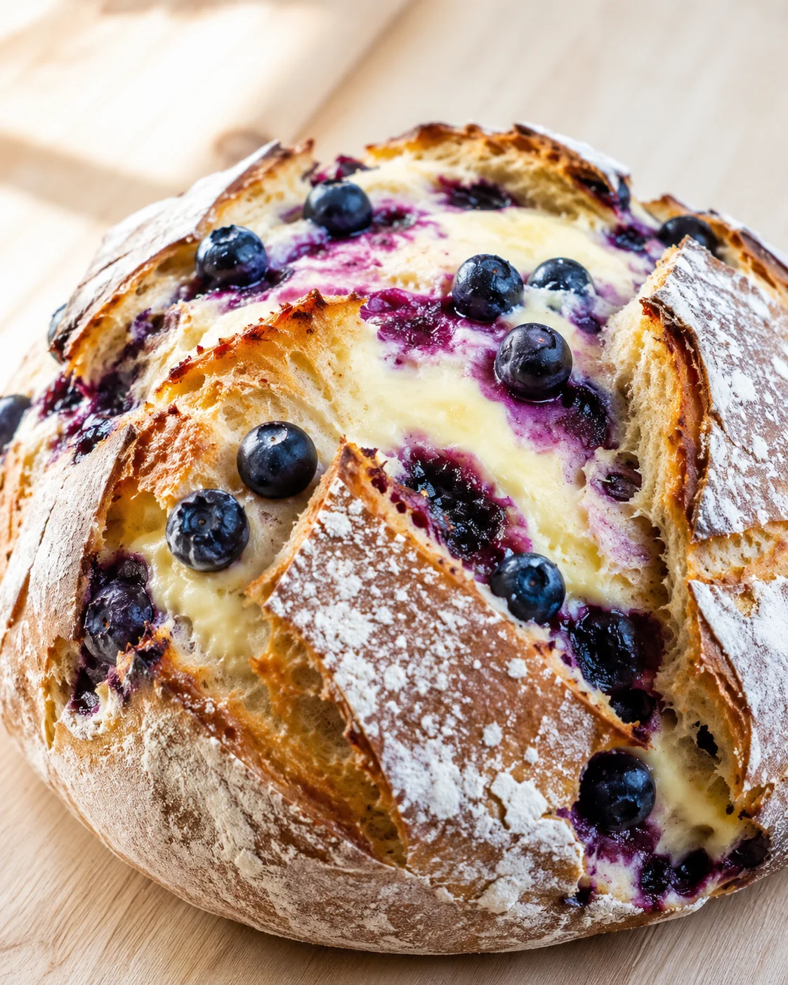 crusty round loaf with blueberries and creamy custard filling, dusted with flour