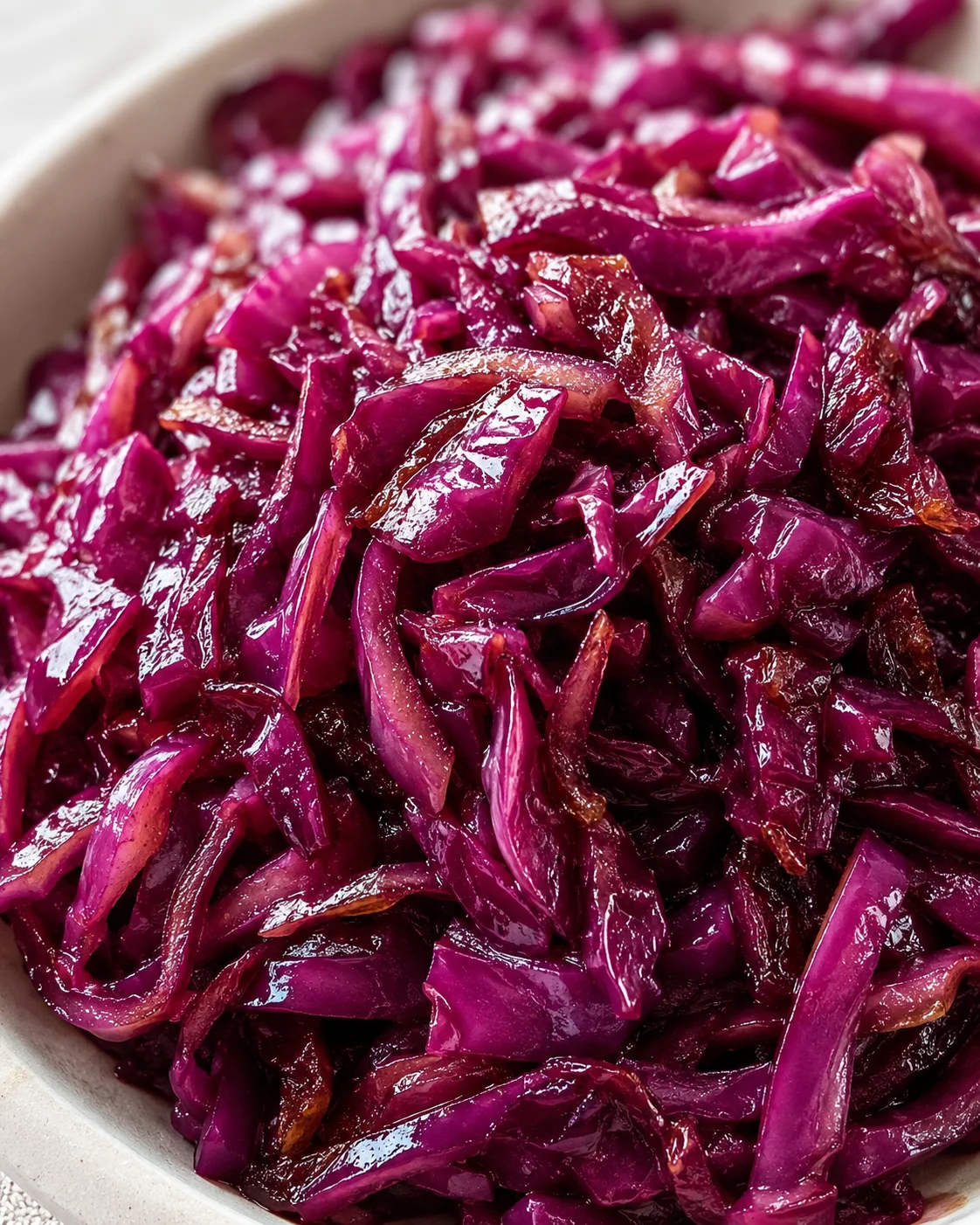 close-up of glossy braised red cabbage slices in a light bowl.