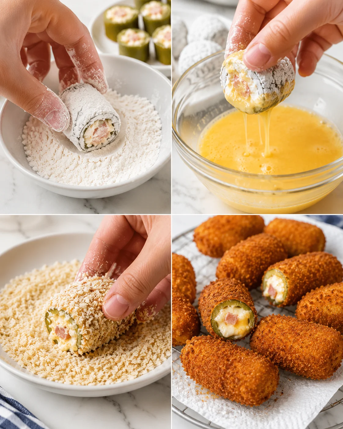 four-panel collage of hands breading croquettes in flour, eggs, and breadcrumbs, then fried croquettes on a rack