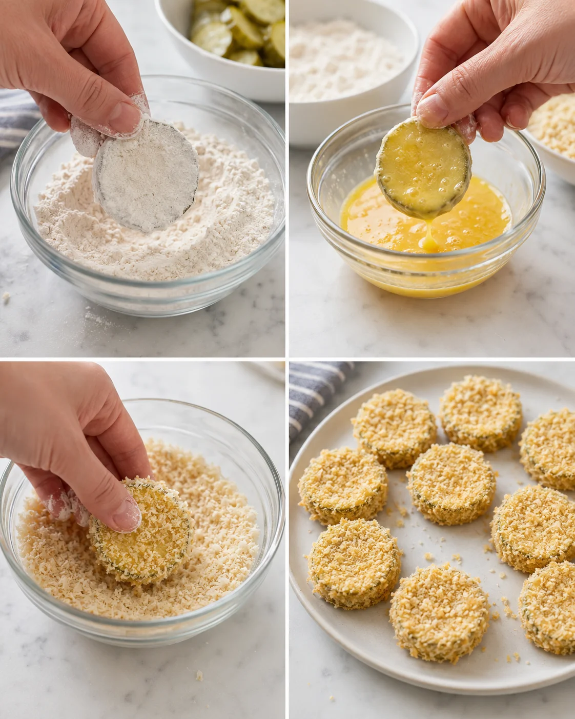 step-by-step collage shows dredging pickle slices in flour, egg, breadcrumbs, and finished bites.