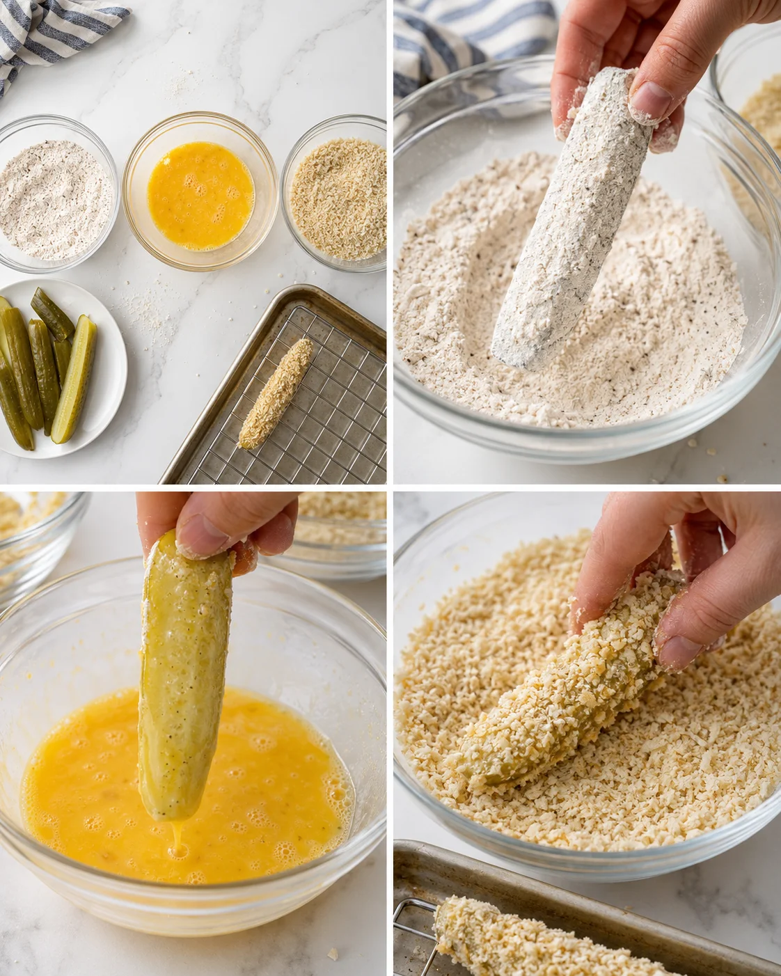 collage of pickle spears being breaded: flour, egg wash, breadcrumbs on a marble prep surface