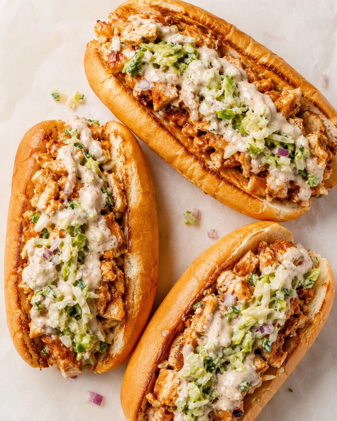 three buffalo chicken hot dogs topped with ranch and chopped celery on parchment