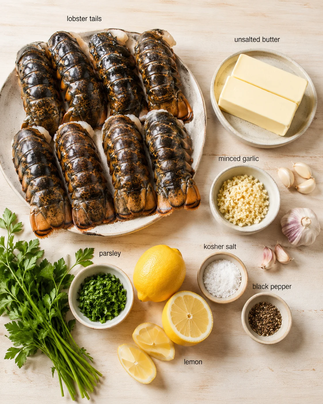 plate of lobster tails with butter, garlic, parsley, lemon, and garlic cloves on a light wooden surface