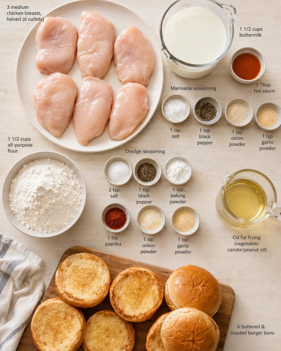 Top-down view of six raw chicken breasts on a plate, surrounded by spices, flour, buttermilk, oil, and toasted burger buns.