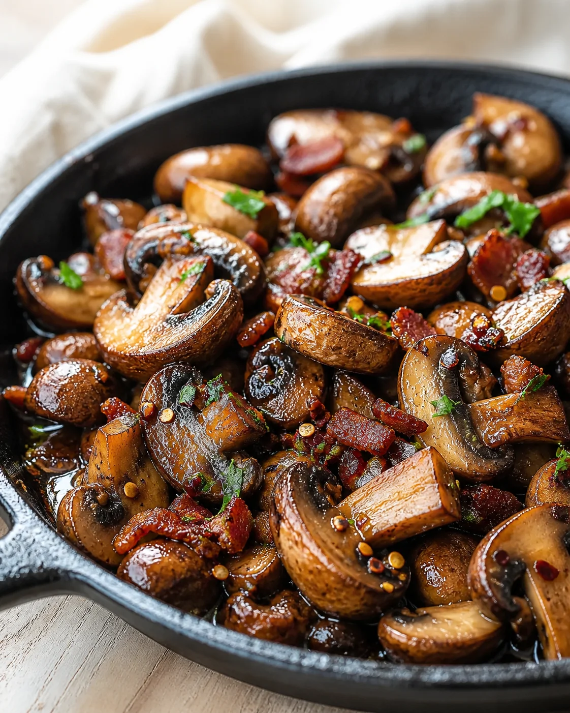 Glossy caramelized mushrooms and bacon in a cast-iron skillet, garnished with parsley.
