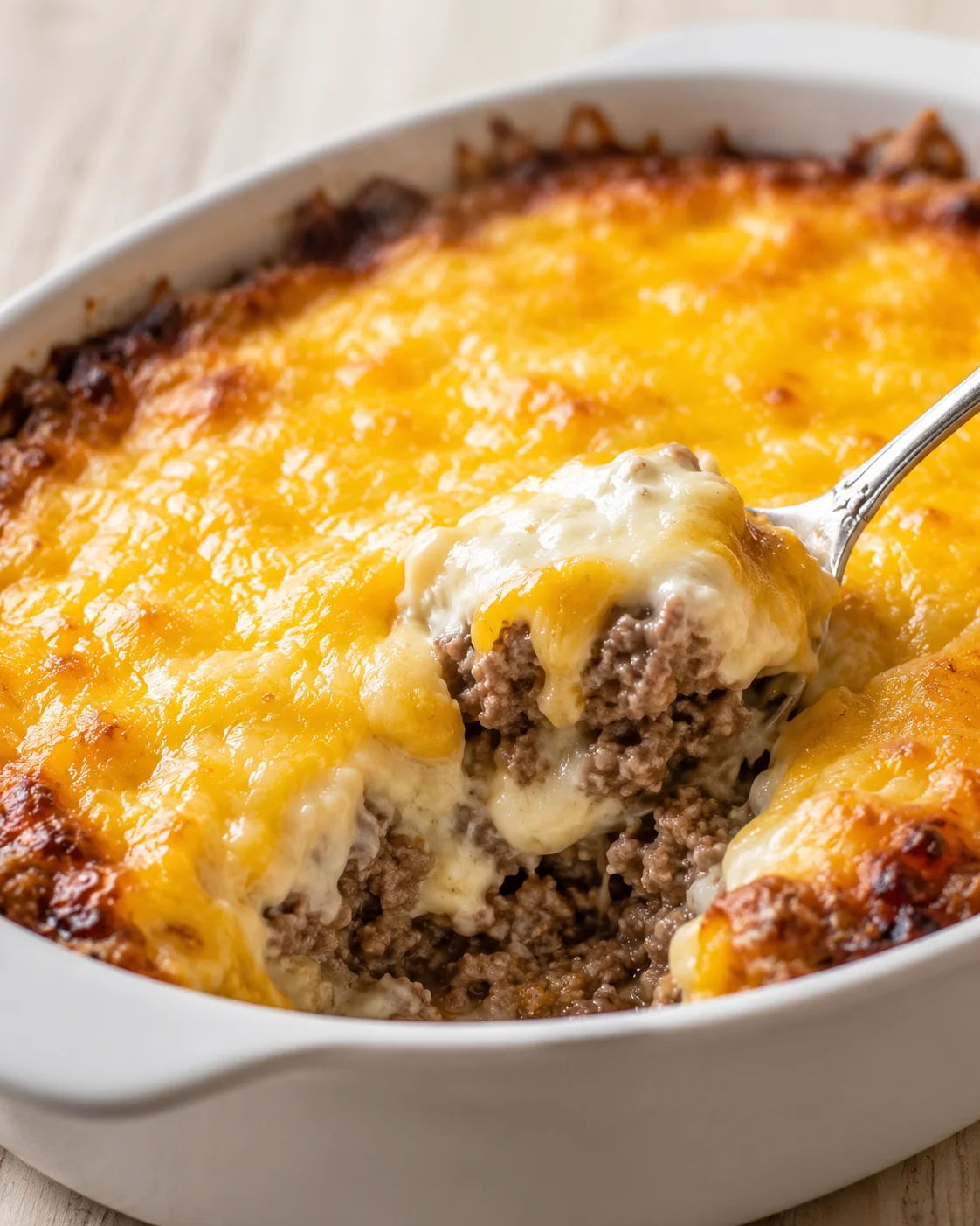 Cheesy beef casserole in a white baking dish, spoon lifting a gooey, golden-browned bite.