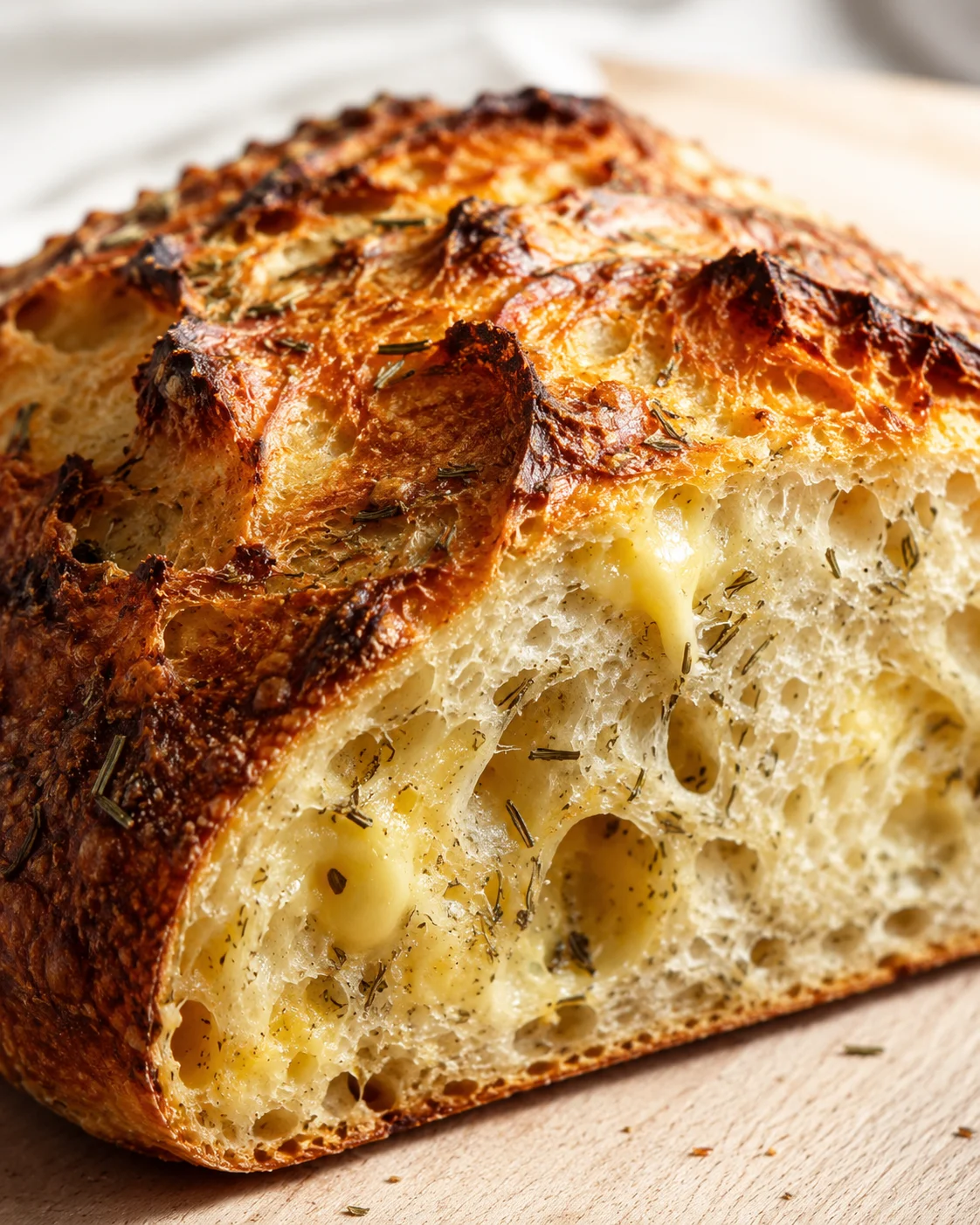 close-up of rustic loaf with golden crust, open crumb, melted cheese, and rosemary