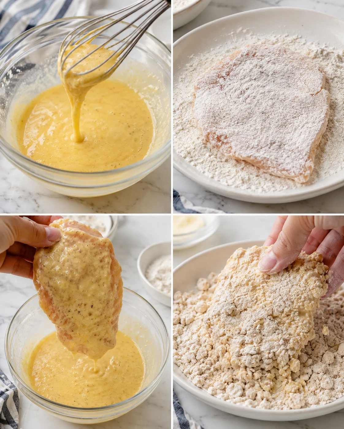 Collage of four steps: whisked egg batter, flour-dusted chicken, dipping in batter, and crumb coating.