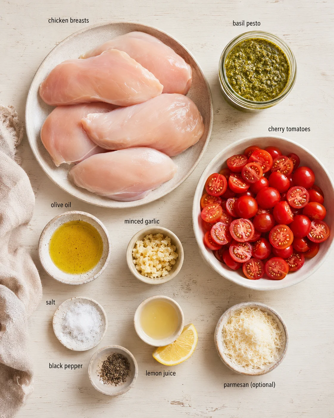 Overhead view of chicken breasts, tomatoes, pesto and seasonings on a light wood background.
