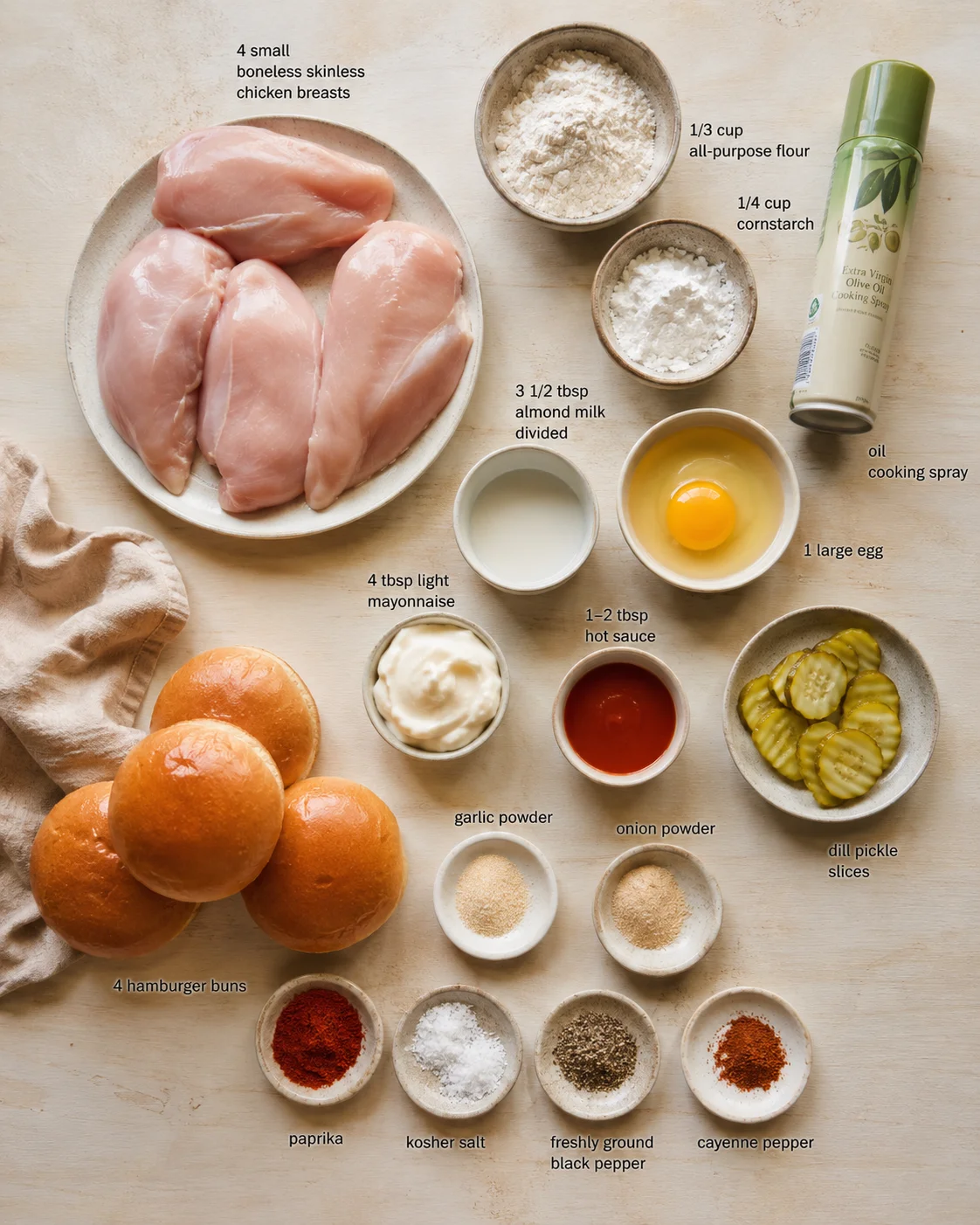 Flat lay of raw chicken breasts, hamburger buns, eggs, sauces, oils, and spices arranged on a light wooden surface.