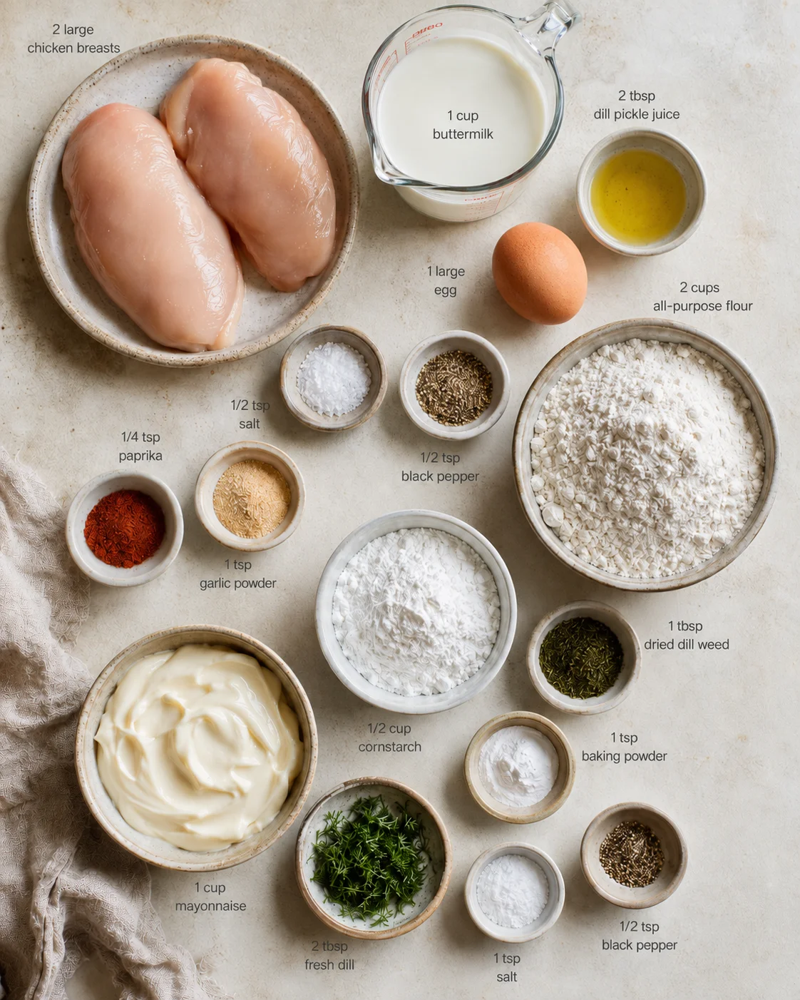 overhead view of chicken breasts and arranged ingredients with overlaid measurement labels on a light surface