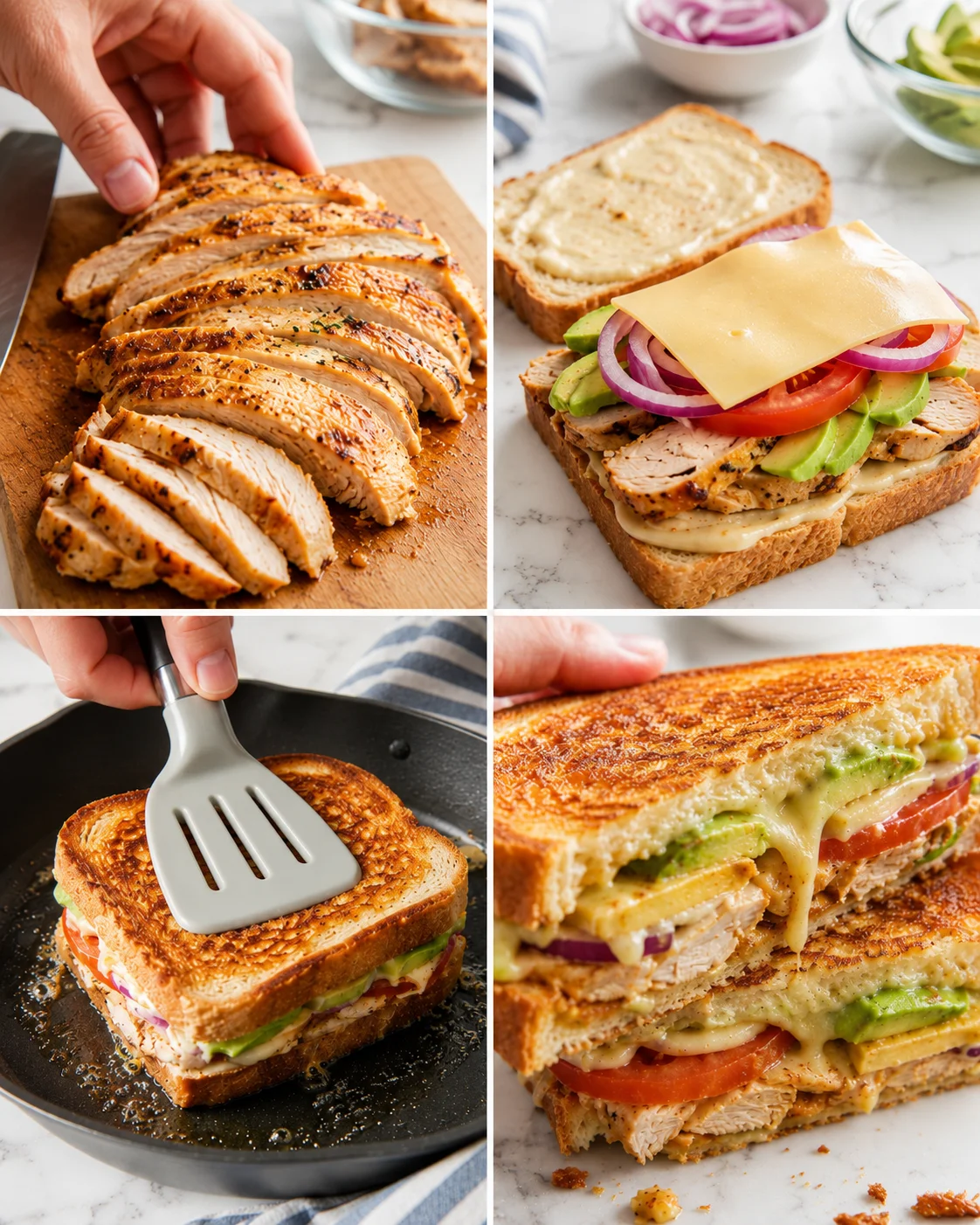 Four-panel collage of golden-brown chicken and sandwiches on marble counter.