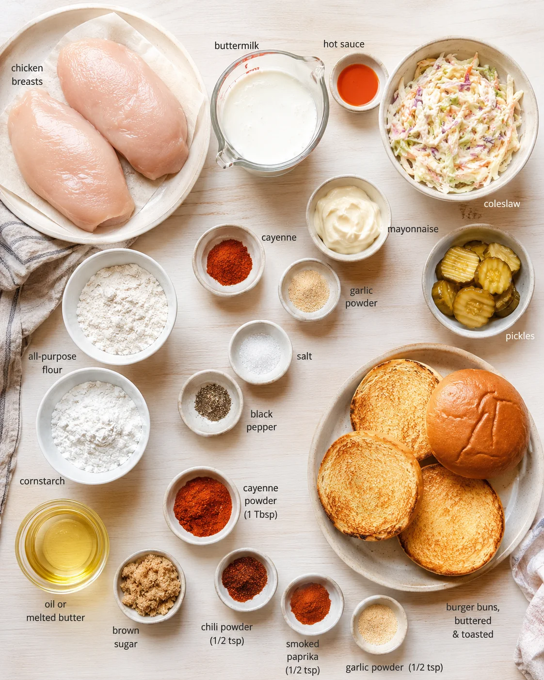Overhead view of chicken breasts, dairy, spices, buns, and toppings laid out for a chicken sandwich