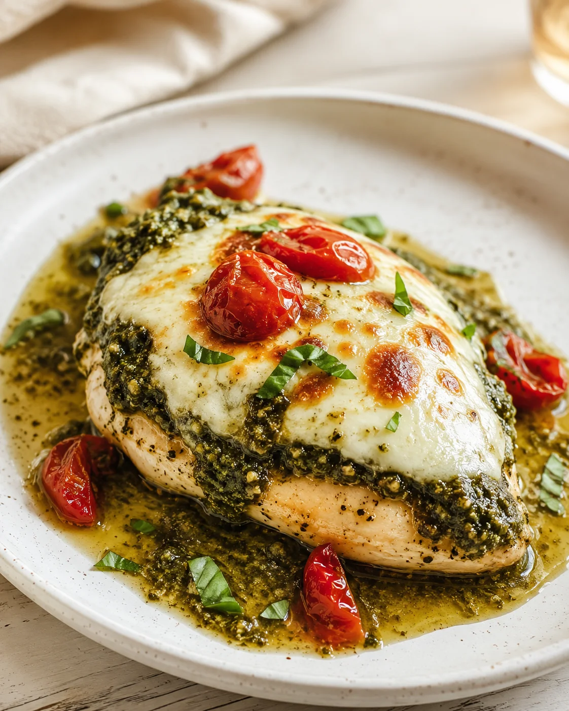 baked chicken breast with pesto crust, melted cheese, and roasted cherry tomatoes on a white plate