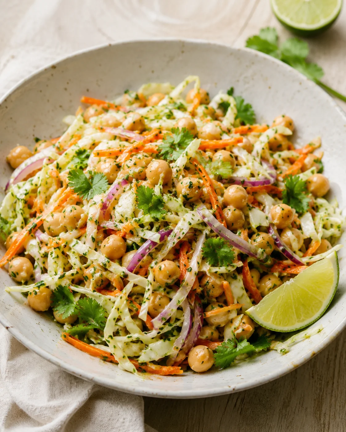 bowl of chickpea-cabbage salad with carrots, red onion, cilantro, and lime wedge.