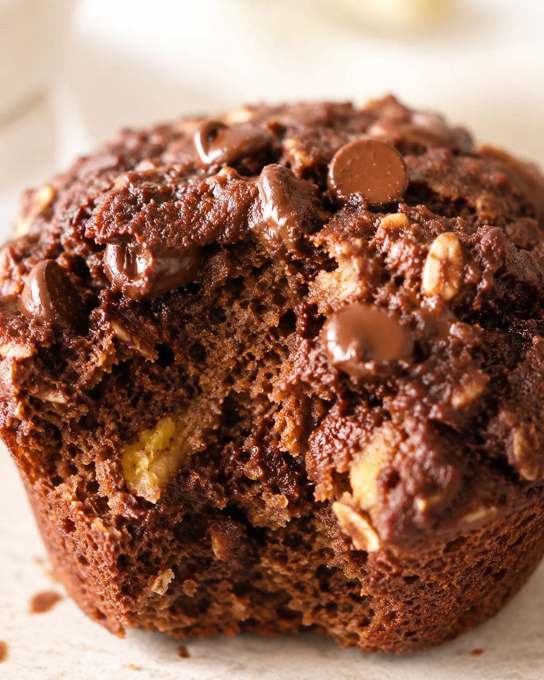 Close-up of a fudgy chocolate muffin studded with chips and nuts.