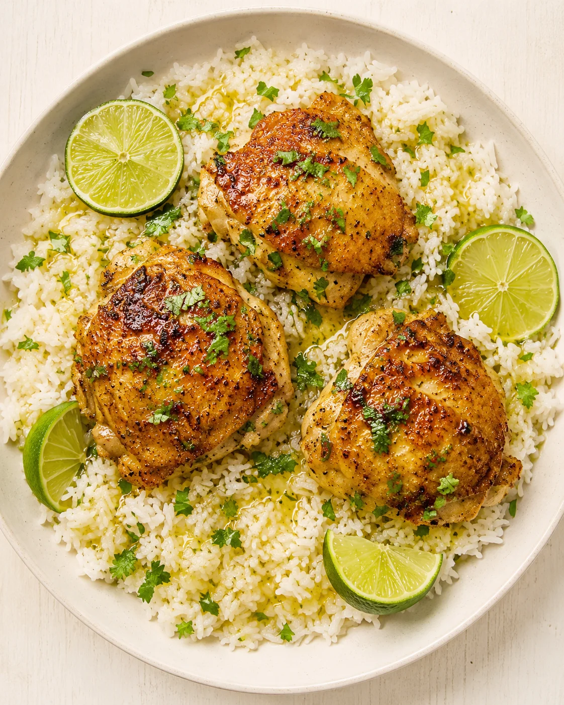 Three roasted chicken thighs atop cilantro-lime rice with lime wedges