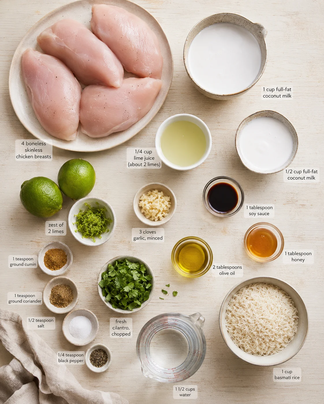 Overhead view of raw chicken breasts and assorted ingredients laid out with labels on a light wooden surface.