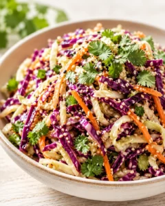 bowl of colorful cabbage slaw with purple and white cabbage, shredded carrots, cilantro, and sesame seeds.