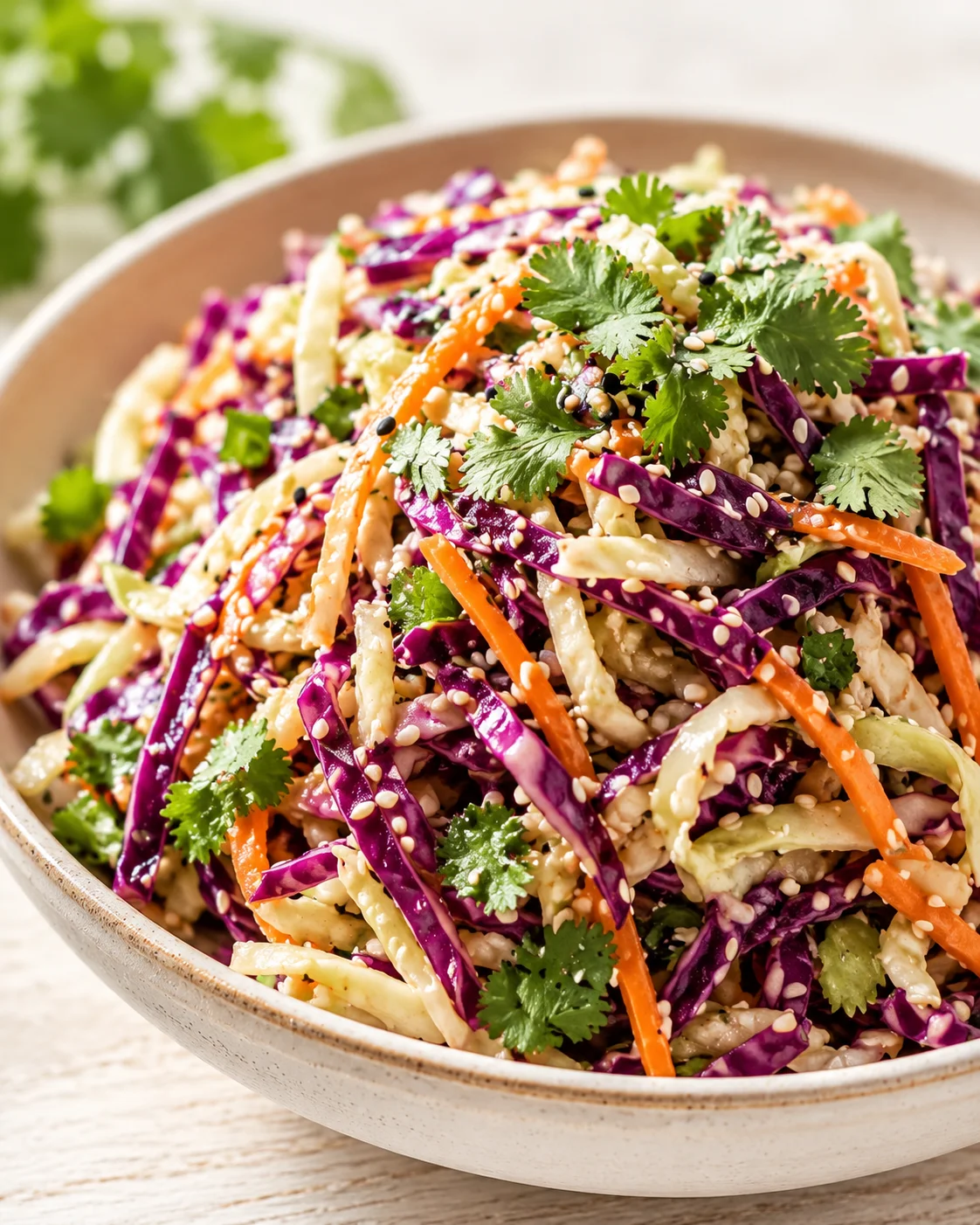 bowl of colorful cabbage slaw with purple and white cabbage, shredded carrots, cilantro, and sesame seeds.