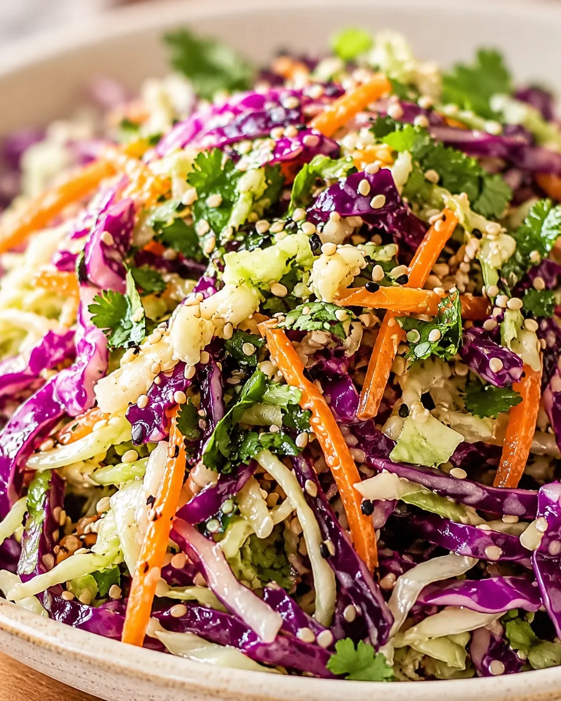 Close-up of colorful cabbage slaw with purple and green cabbage, carrots, cilantro, and sesame seeds in a bowl.