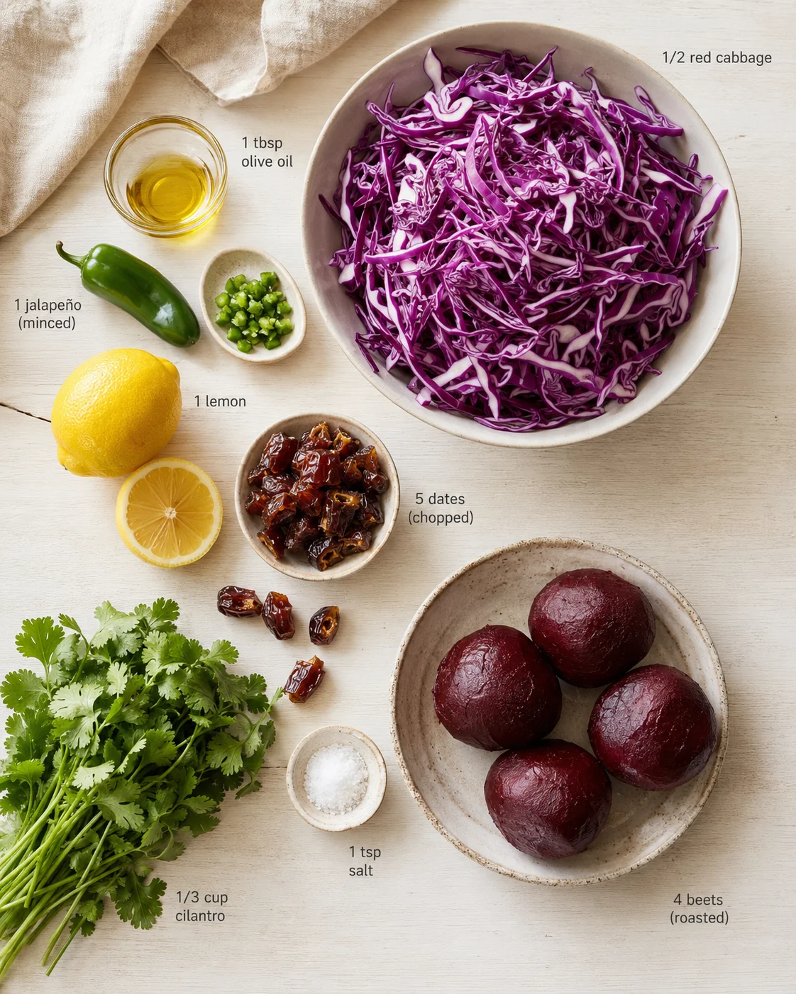 Overhead view of a light wood surface with purple cabbage, beets, lemon, cilantro, jalapeño, dates, olive oil, and salt.