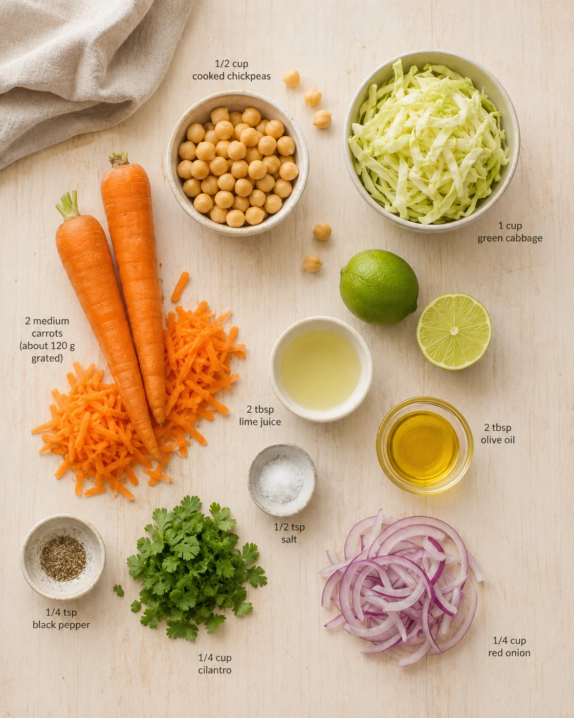 Overhead view of colorful salad ingredients arranged on a light wood surface with labeled bowls