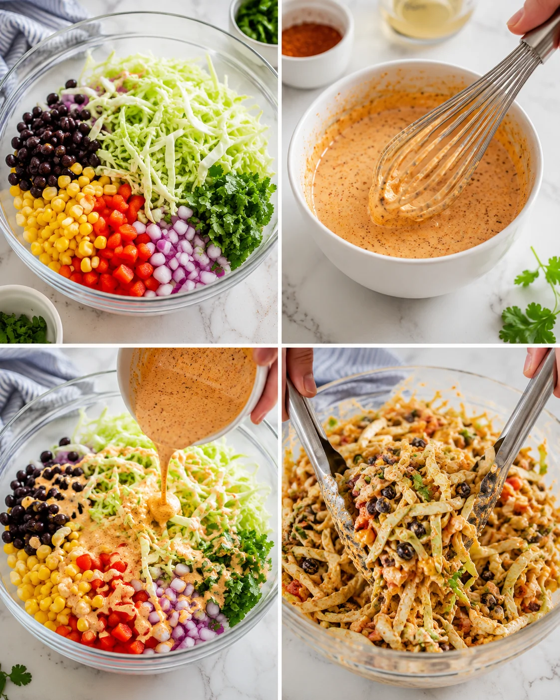 collage showing a colorful chopped-vegetable salad and a creamy orange dressing being whisked and poured