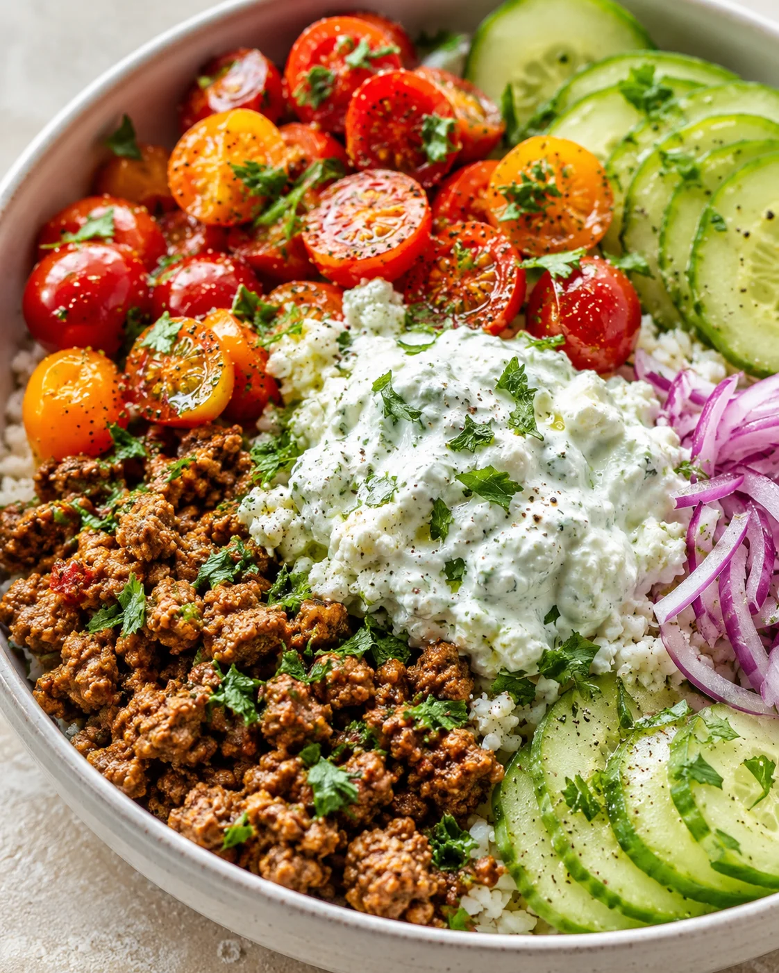 Rice base with spiced ground meat, halved tomatoes, cucumber slices, onion, and herbed yogurt sauce.