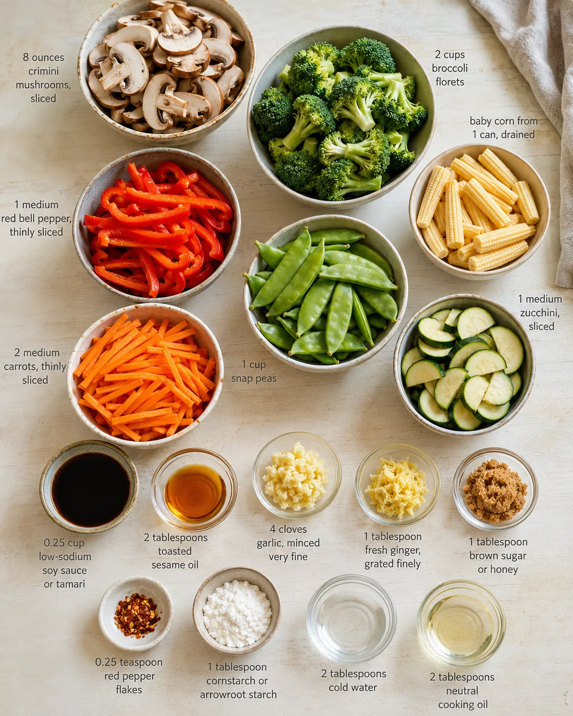 Top-down view of a recipe-prep board with bowls of sliced vegetables and labeled ingredients.