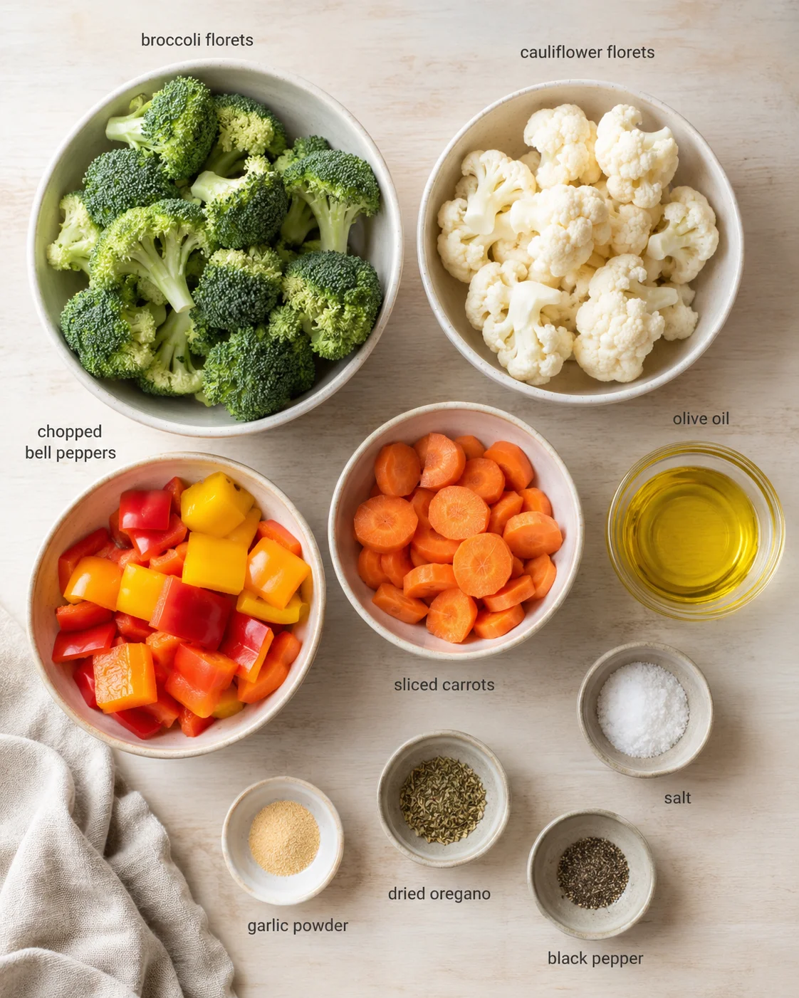 Overhead view of bowls with broccoli florets, cauliflower florets, bell peppers, carrots, olive oil, and spices.