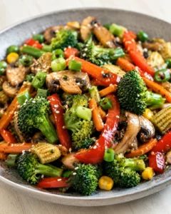 Assorted vegetables - broccoli, red peppers, mushrooms, baby corn, and green onions in a glossy stir-fry.
