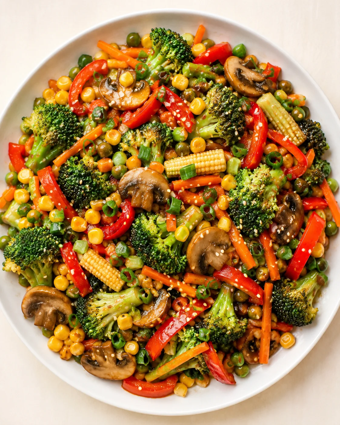 Colorful mixed-vegetable stir-fry with broccoli, corn, peppers, and mushrooms in a white bowl.