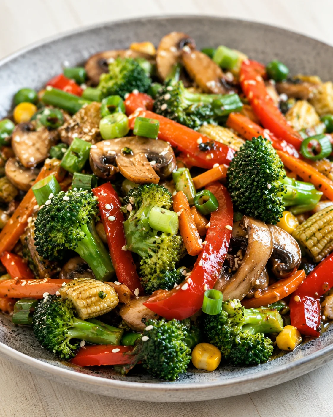 Assorted vegetables - broccoli, red peppers, mushrooms, baby corn, and green onions in a glossy stir-fry.