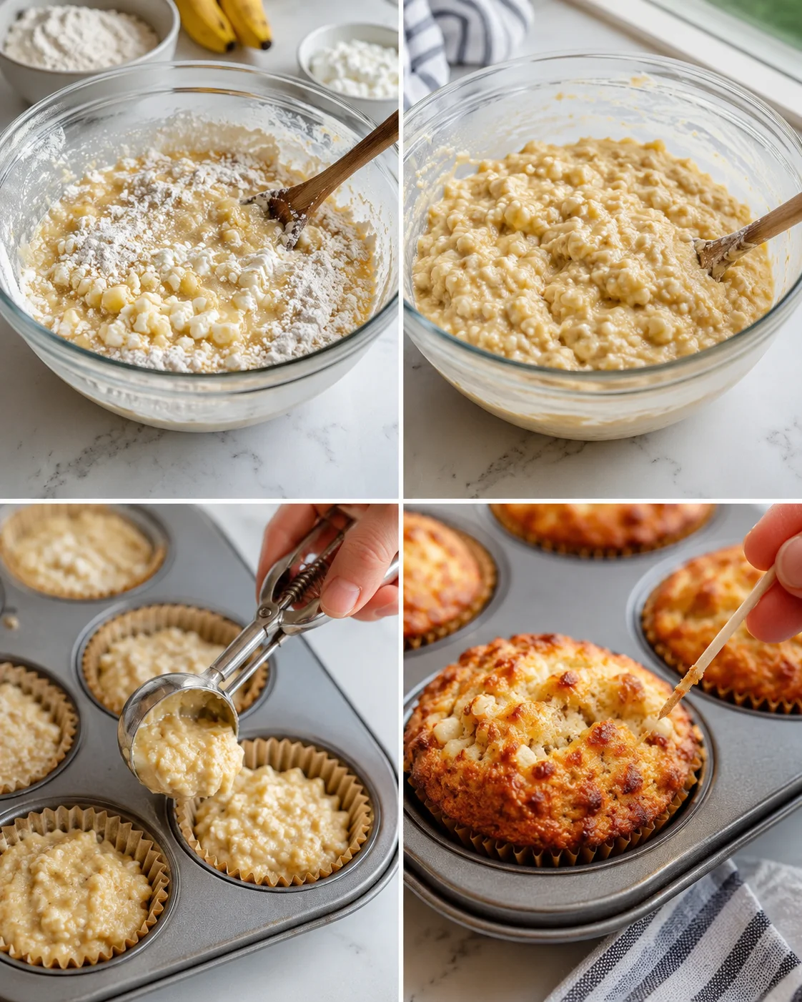 Four-panel collage showing corn muffin batter preparation, filling muffin cups, and baked corn muffins.