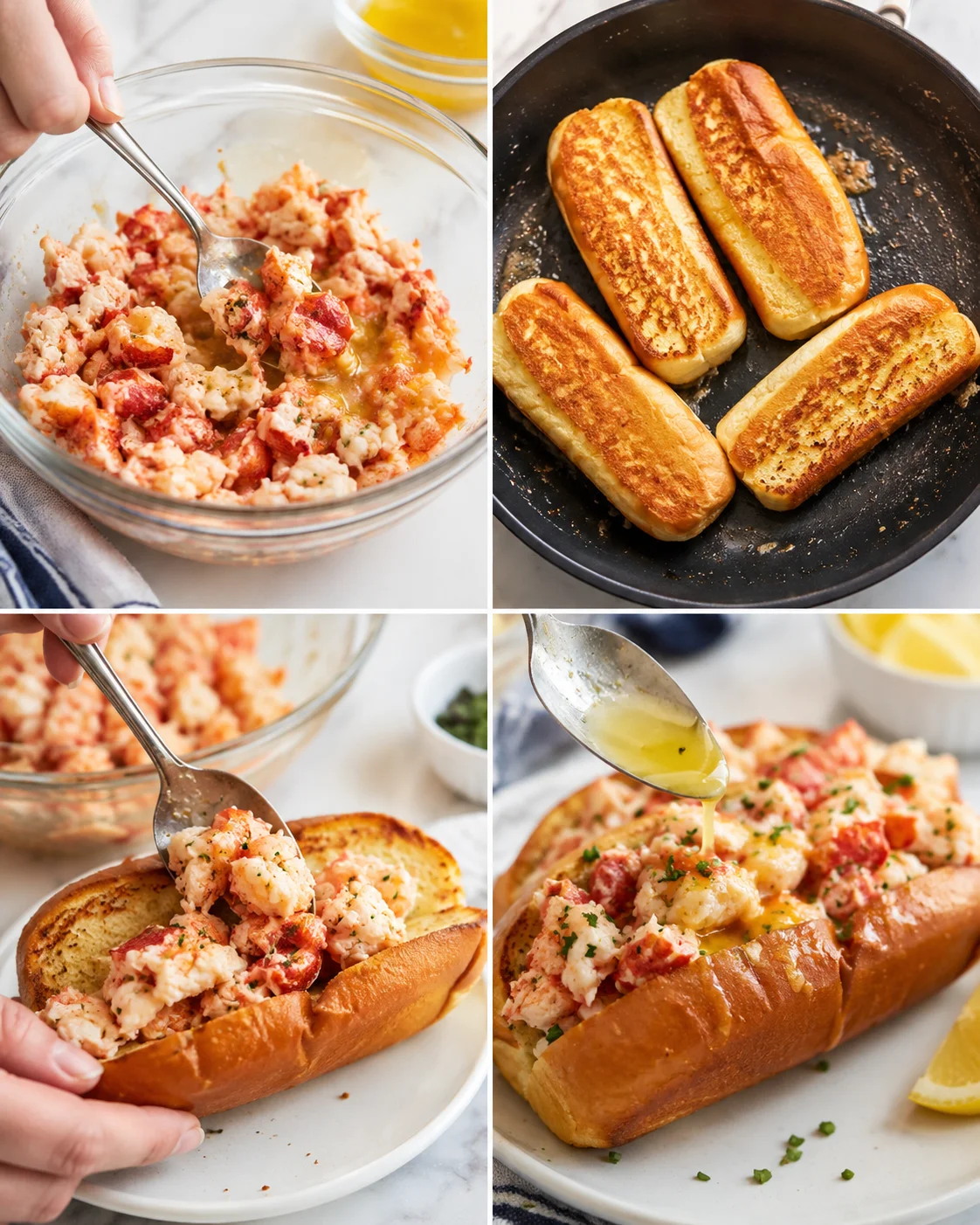 Four-panel collage of crab meat crostini being prepared and served on toasted bread