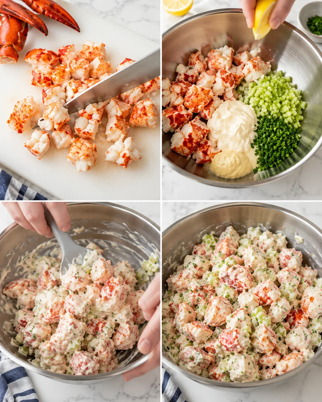 Collage of crab meat chopped, lemon squeezed into mayo, and celery added.