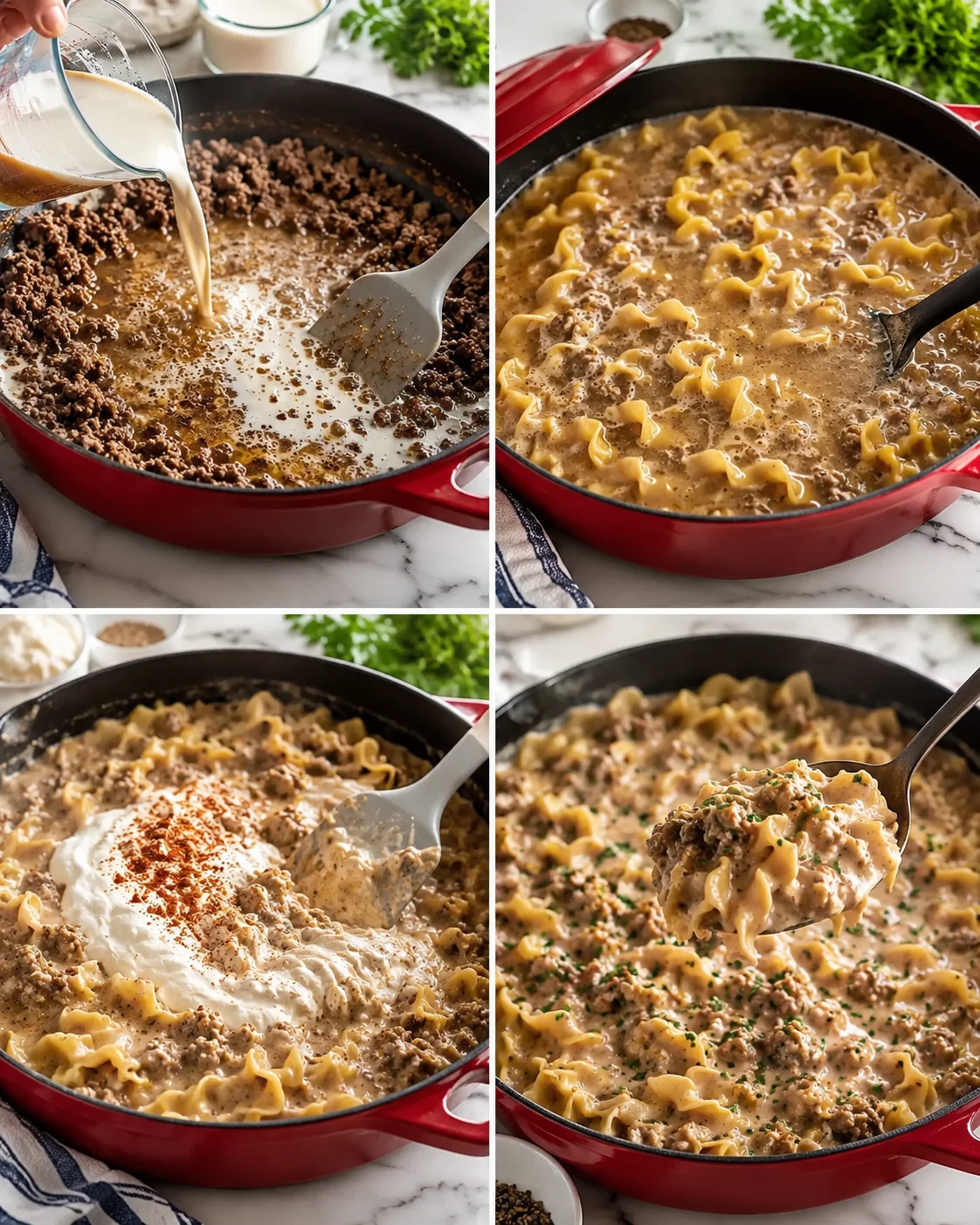 collage of a red skillet with browned ground beef and farfalle pasta in creamy sauce