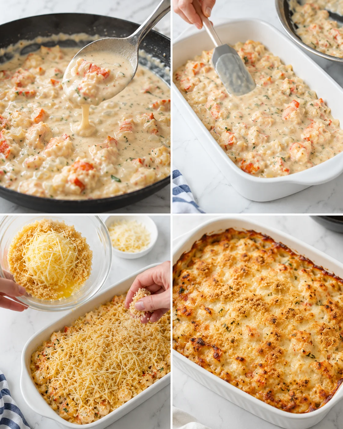 collage showing steps to make creamy chicken casserole topped with cheese, baked to golden crust