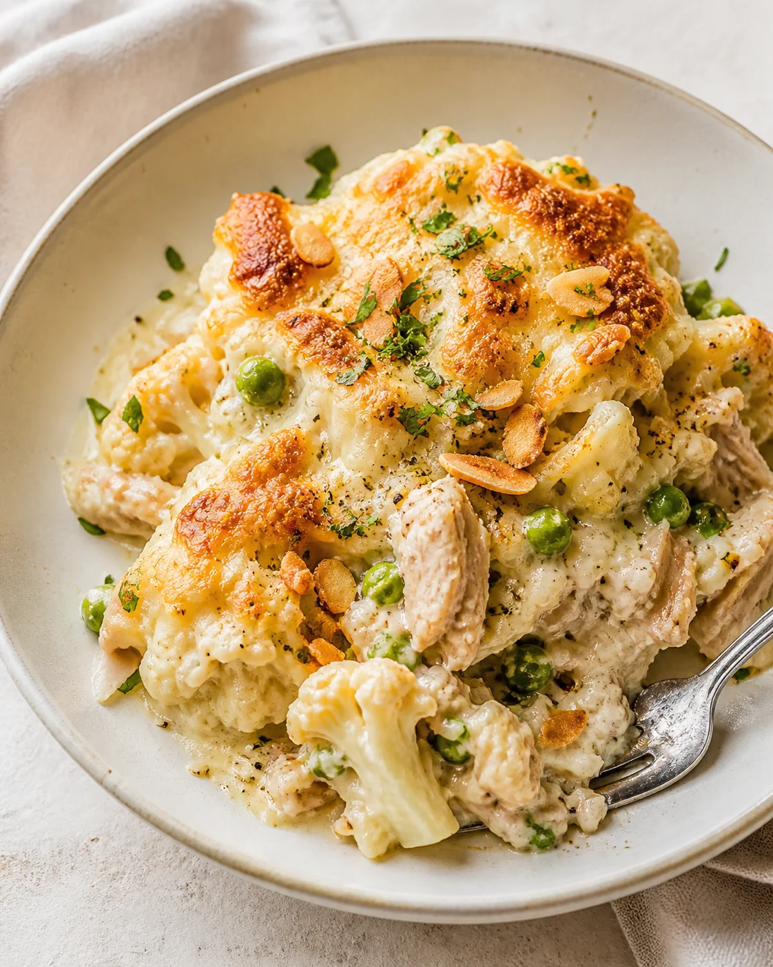 Creamy baked chicken with cauliflower and peas, topped with cheese, almonds, and parsley in a shallow bowl.