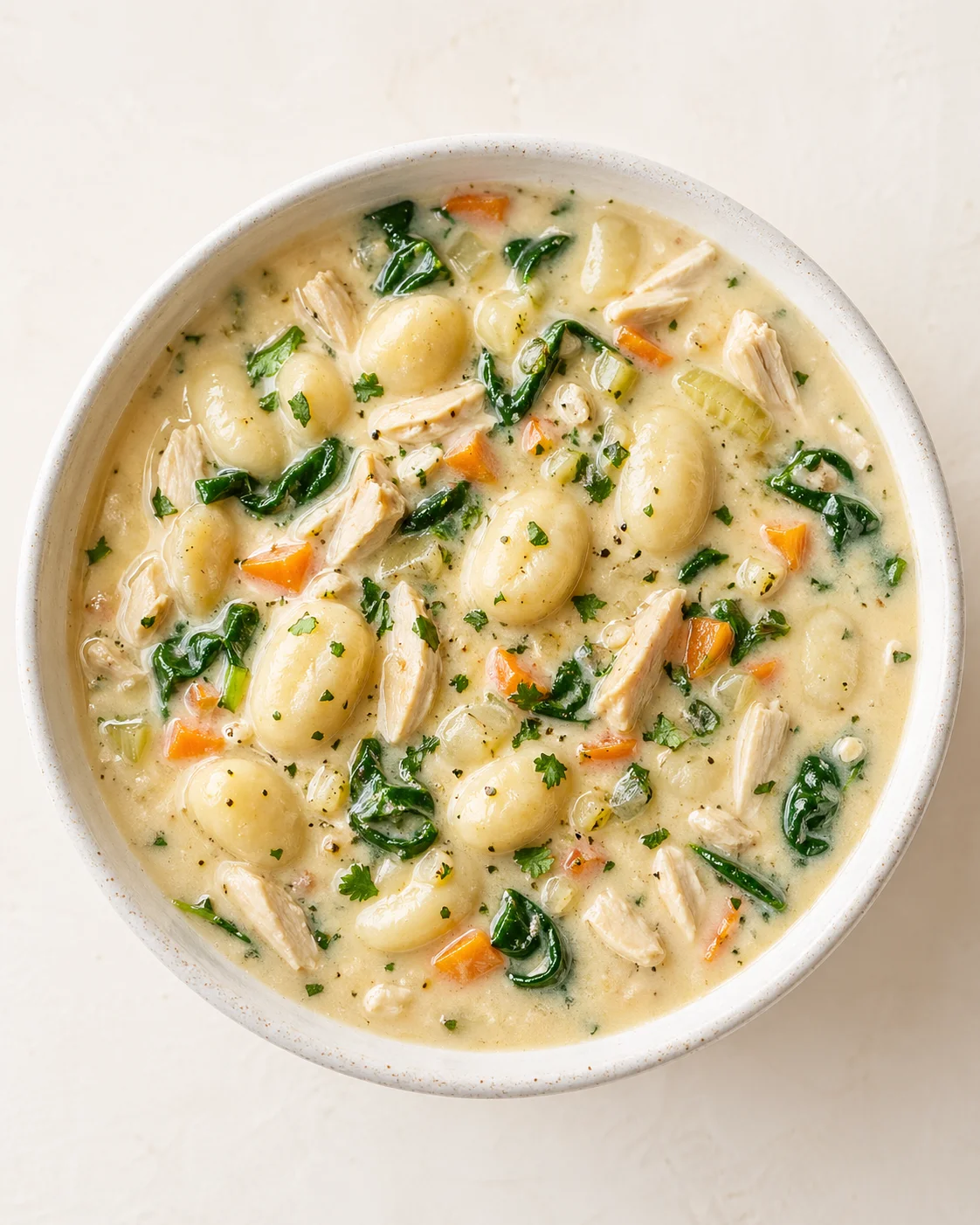 Top-down view of creamy chicken gnocchi soup with spinach and carrots.