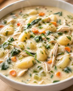 Creamy chicken gnocchi soup with carrots and greens in a white bowl.