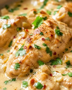 close-up of seared chicken thighs in creamy herb sauce with parsley and red pepper flakes