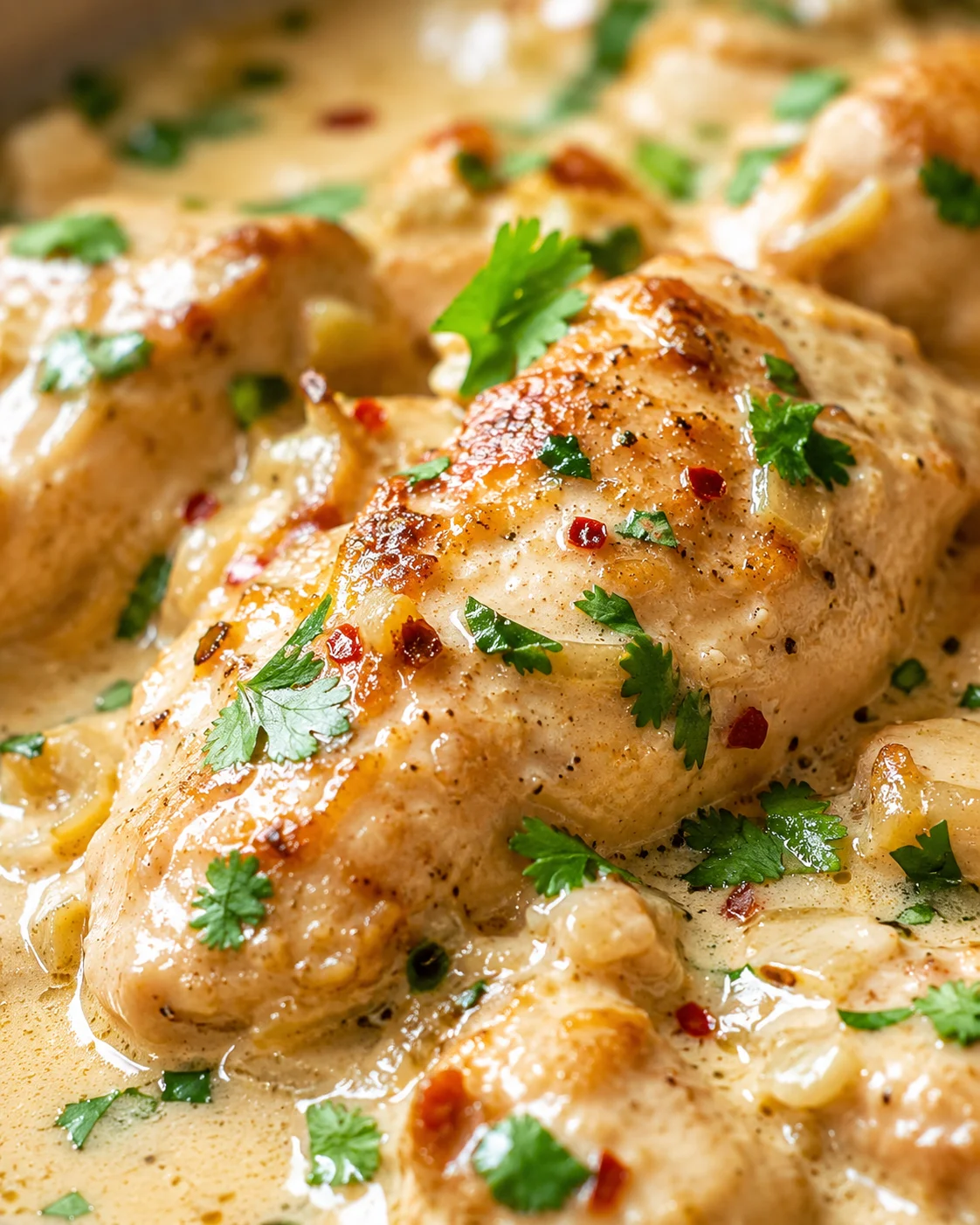 close-up of seared chicken thighs in creamy herb sauce with parsley and red pepper flakes