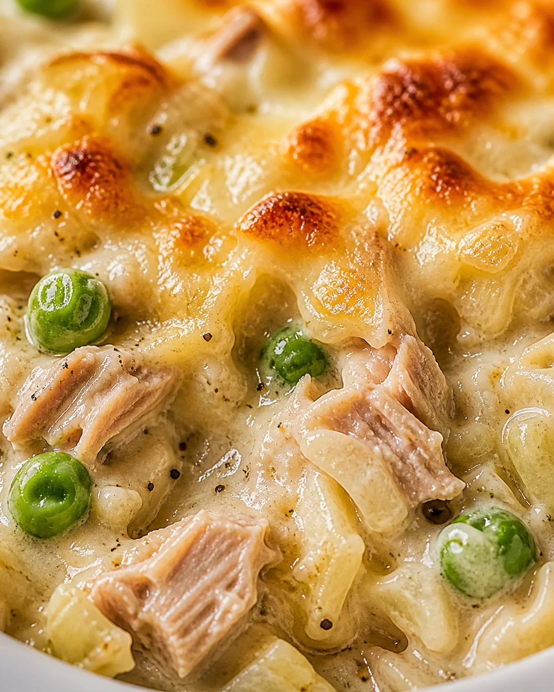 close-up of creamy chicken casserole with peas, onions, and melted cheese
