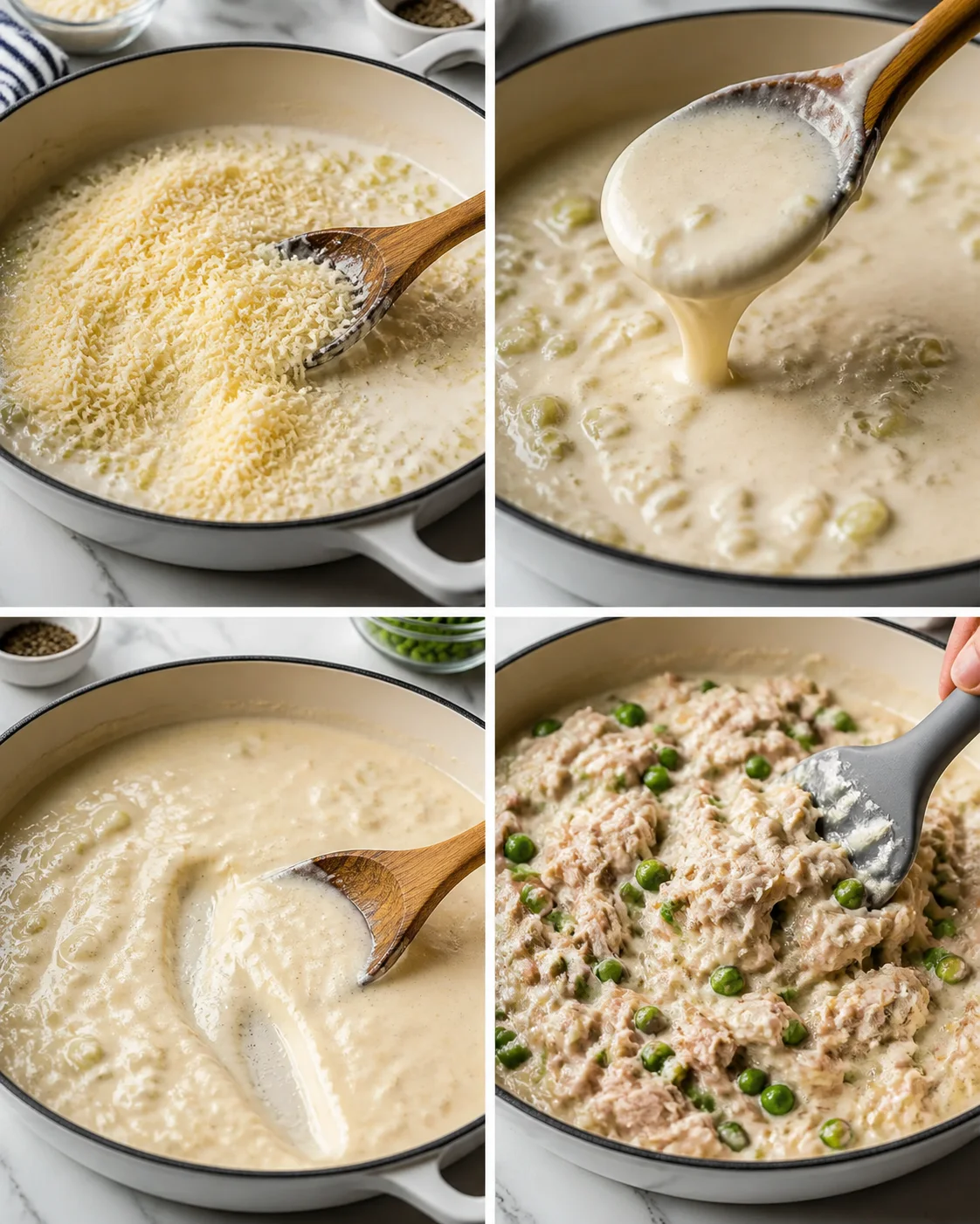 four-panel collage showing creamy sauce in skillet with cheese and peas