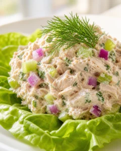 Creamy chicken salad with onions and cucumbers on lettuce, topped with dill.