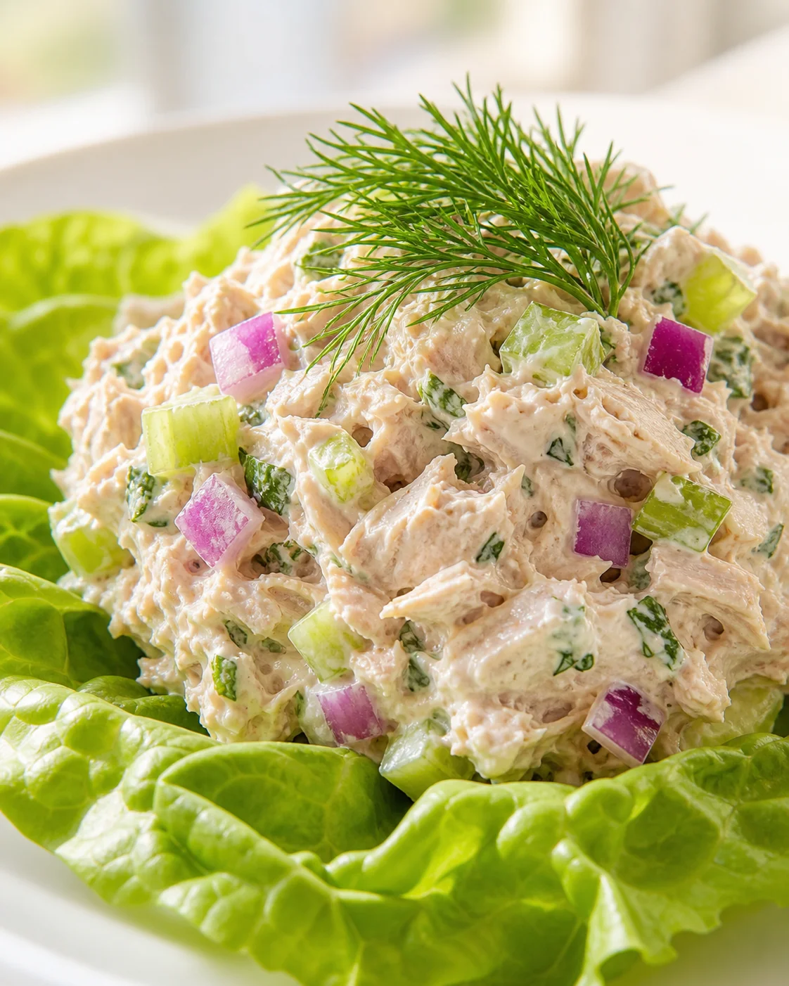Creamy chicken salad with onions and cucumbers on lettuce, topped with dill.