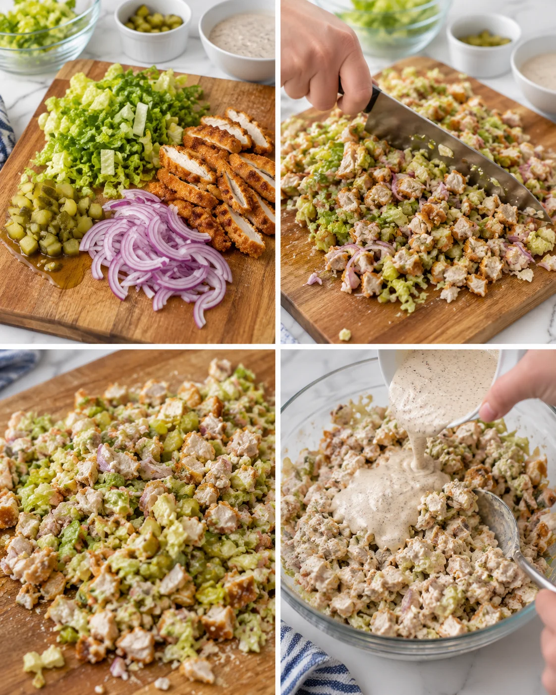 collage of chopped greens, pickles, red onion, diced chicken, and creamy dressing for chicken salad on wooden boards